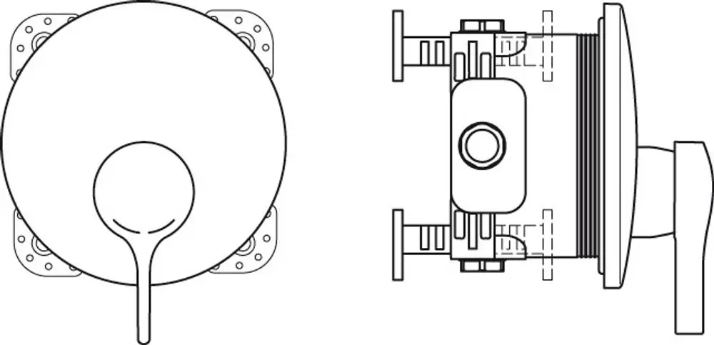 Runde Brausearmatur mit einem zentralen Knopf und seitlichen Halterungen. Das Design zeigt eine Chrom-Oberfläche. Ideal Standard Produkt in schematischer Darstellung.